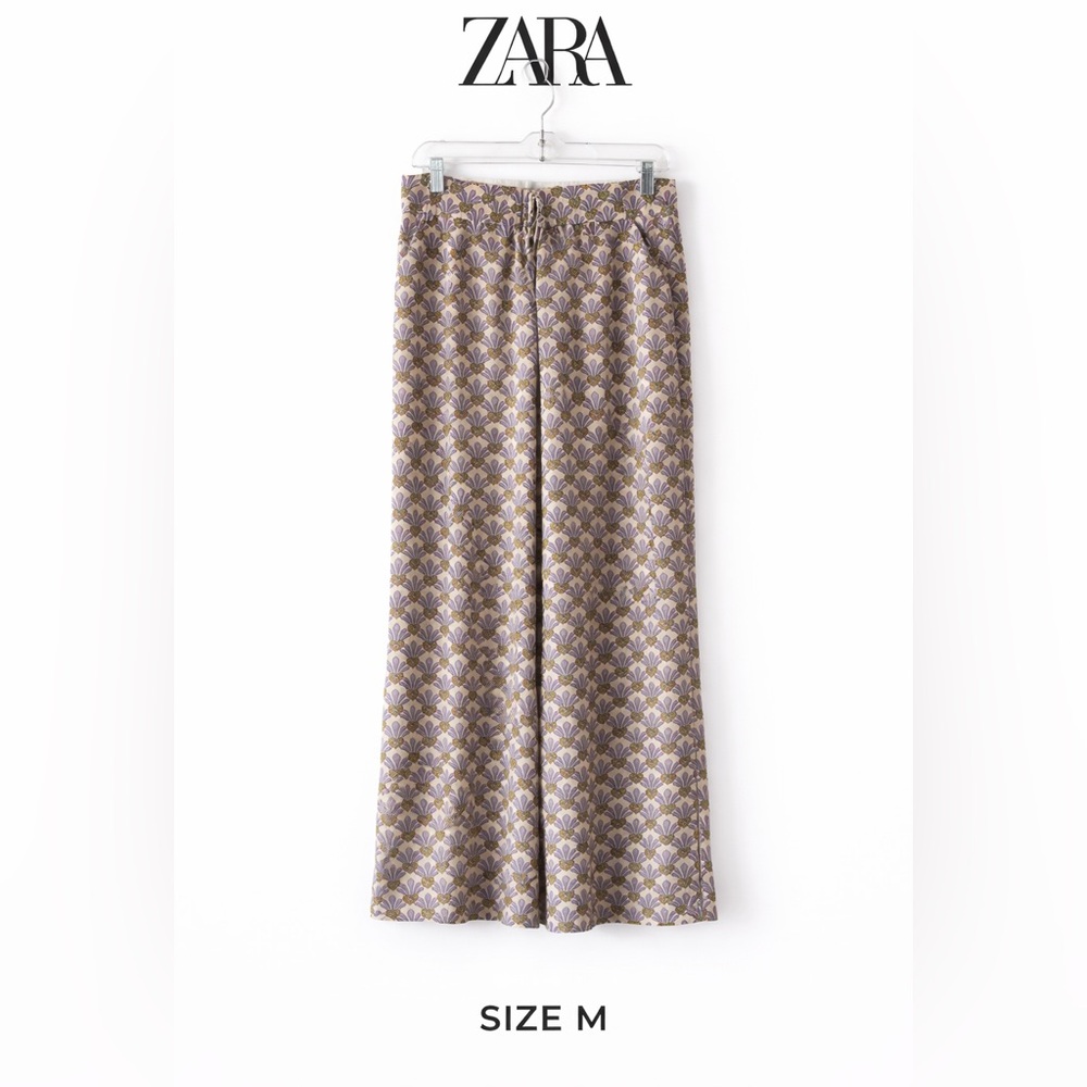 ZARA Art Deco Print Wide Leg Pants Purple Olive Made in Morocco Sz M